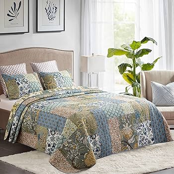 ＊新品＊枕＆ベッドカバーセット　綿100％ 可愛いパッチワーク風　キングサイズ Amazon｜YAYIDAY コットンパッチワークキルトセット ベッド